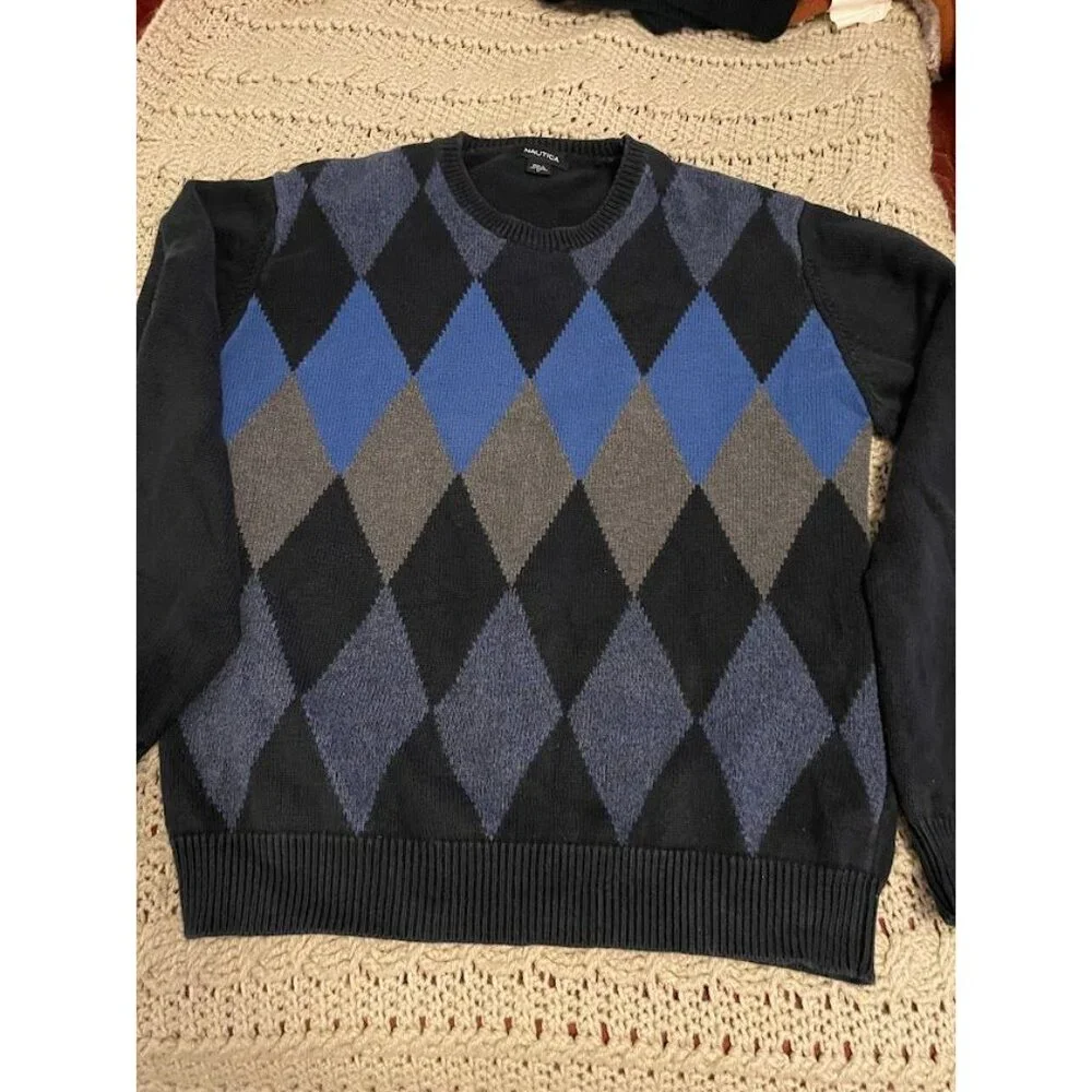 Nautica Mens Argyle Sweater L Black Blue Gray 100% Cotton Classic Knit Long Slee